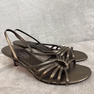 Vintage Y2K Leather Kitten Heel Slingback Sandals Bronze 9 Strappy Boho Shoes